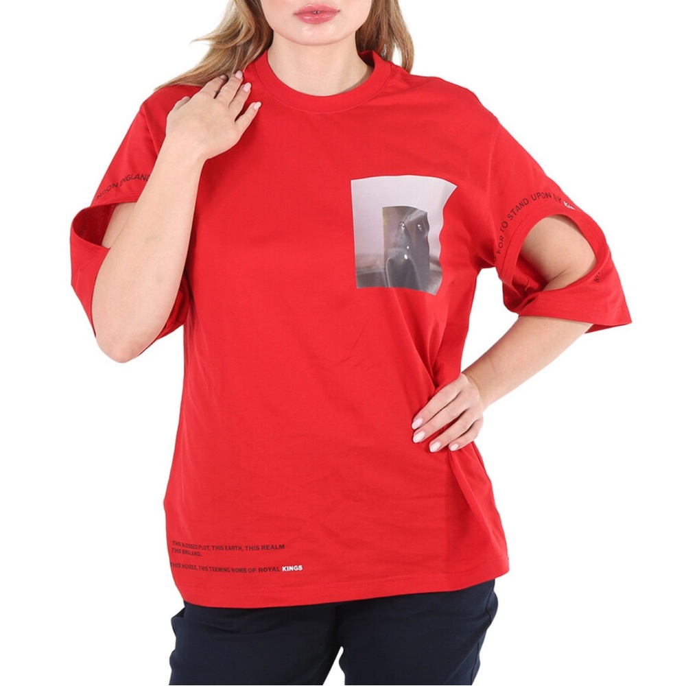 NWT BURBERRY XS Carrick Ladies Bright Red Cut-out Detail Montage Print